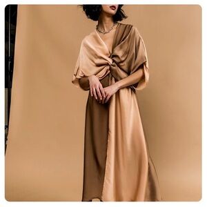 ODDY Asymmetrical Satin Dress in Cream and Brown